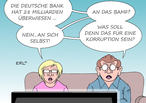 Cartoon: Deutsche Bank BAMF (medium) by Erl tagged politik,wirtschaft,finanzen,deutsche,bank,versehen,überweisung,28,milliarden,euro,irrtum,schlamperei,vertrauen,bundesamt,für,migration,und,flüchtlinge,korruption,verdacht,bremen,leitende,mitarbeiterin,asylanträge,bescheid,positiv,rechtsanwälte,geld,karikatur,erl,politik,wirtschaft,finanzen,deutsche,bank,versehen,überweisung,28,milliarden,euro,irrtum,schlamperei,vertrauen,bundesamt,für,migration,und,flüchtlinge,korruption,verdacht,bremen,leitende,mitarbeiterin,asylanträge,bescheid,positiv,rechtsanwälte,geld,karikatur,erl