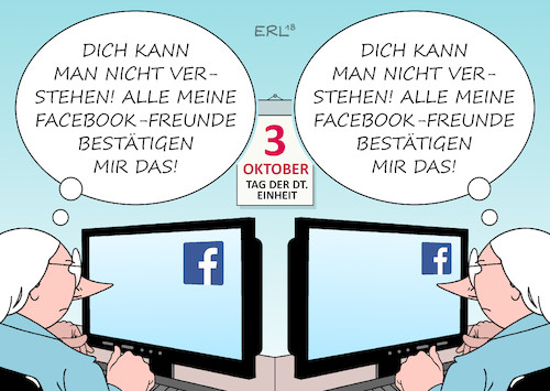 Cartoon: Deutsche Einheit (medium) by Erl tagged politik,tag,der,deutschen,einheit,wiedervereinigung,1990,feiertag,deutschland,gemeinsamkeiten,unterschiede,vereinigung,spaltung,social,media,soziale,medien,facebook,freunde,likes,meinungsblasen,populismus,rechtspopulismus,internet,algorithmen,wutbuerger,afd,ost,west,ossi,wessi,meinung,meinungsaustausch,bürger,michel,pc,computer,handy,smartphone,karikatur,erl,politik,tag,der,deutschen,einheit,wiedervereinigung,1990,feiertag,deutschland,gemeinsamkeiten,unterschiede,vereinigung,spaltung,social,media,soziale,medien,facebook,freunde,likes,meinungsblasen,populismus,rechtspopulismus,internet,algorithmen,wutbuerger,afd,ost,west,ossi,wessi,meinung,meinungsaustausch,bürger,michel,pc,computer,handy,smartphone,karikatur,erl