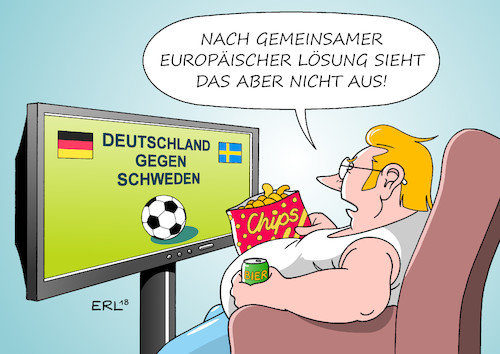 Cartoon: Deutschland gegen Schweden (medium) by Erl tagged politik,deutschland,streit,flüchtlingspolitik,asylmasterplan,flüchtlinge,grenze,innenminister,horst,seehofer,csu,national,alleingang,bundeskanzlerin,merkel,cdu,europa,eu,recht,lösung,gemeinsam,treffen,gipfel,fußball,weltmeisterschaft,2018,russland,spiel,gegen,schweden,fernsehen,sport,karikatur,erl,politik,deutschland,streit,flüchtlingspolitik,asylmasterplan,flüchtlinge,grenze,innenminister,horst,seehofer,csu,national,alleingang,bundeskanzlerin,merkel,cdu,europa,eu,recht,lösung,gemeinsam,treffen,gipfel,fußball,weltmeisterschaft,2018,russland,spiel,gegen,schweden,fernsehen,sport,karikatur,erl