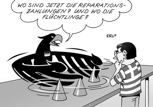 Cartoon: Deutschland Griechenland (medium) by Erl tagged deutschland,griechenland,schulden,krise,drittes,reich,besetzung,besatzung,reparation,wiedervereinigung,friedensvertrag,zwei,plus,vier,trick,hütchenspieler,eu,flüchtlingspolitik,flüchtlinge,bürgerkrieg,syrien,ankunft,bundesadler,flagge