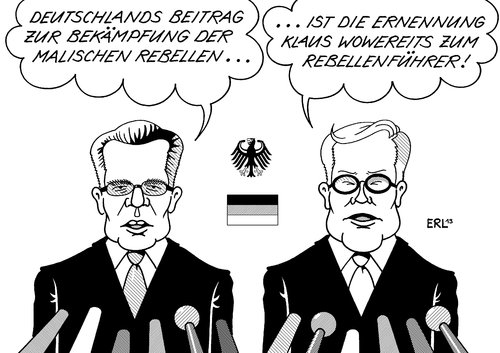 Cartoon: Deutschland Mali (medium) by Erl tagged frankreich,militäreinsatz,mali,rebellen,unterstützung,deutschland,verteidigungsminister,thomas,de,maiziere,außenminister,guido,westerwelle,flughafen,berlin,brandenburg,pannen,verzögerung,kosten,aufsichtsrat,rücktritt,kalus,wowereit,nachfolger,matthias,platzeck