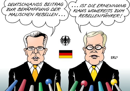 Cartoon: Deutschland Mali (medium) by Erl tagged frankreich,militäreinsatz,mali,rebellen,unterstützung,deutschland,verteidigungsminister,thomas,de,maiziere,außenminister,guido,westerwelle,flughafen,berlin,brandenburg,pannen,verzögerung,kosten,aufsichtsrat,rücktritt,kalus,wowereit,nachfolger,matthias,platzeck,frankreich,militäreinsatz,mali,rebellen,unterstützung,deutschland,verteidigungsminister,thomas,de,maiziere,außenminister,guido,westerwelle,flughafen,berlin,brandenburg,pannen,verzögerung,kosten,aufsichtsrat,rücktritt,kalus,wowereit,nachfolger,matthias,platzeck