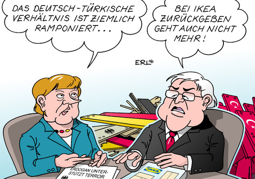 Cartoon: Deutschland Türkei (medium) by Erl tagged bundeskanzlerin,türkei,deutschland,verhältnis,belastung,islamismus,terrorismus,terror,unterstützung,erdogan,präsident,bericht,innenministerium,bundesregierung,angela,merkel,außenminister,frank,walter,steinmeier,diplomatie,möbel,ikea,änderung,rückgabe,rück,bundesregierung,innenministerium,bericht,präsident,erdogan,unterstützung,terror,terrorismus,islamismus,belastung,verhältnis,deutschland,türkei,bundeskanzlerin,angela,merkel,außenminister,frank,walter,steinmeier,diplomatie,möbel,ikea,änderung,rückgabe,rückgaberecht,karikatur,erl