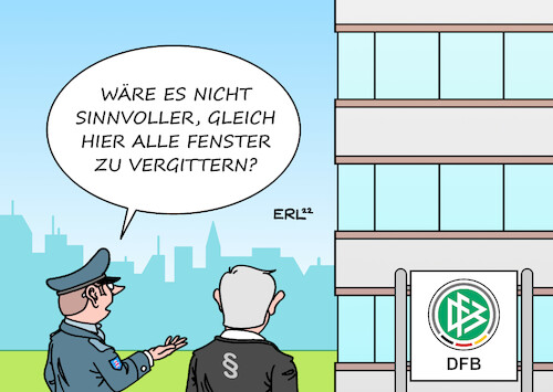 Cartoon: DFB (medium) by Erl tagged politik,justiz,sport,fußball,dfb,razzia,hausdurchsuchung,untreue,polizei,gefängnis,fenster,gitter,karikatur,erl,politik,justiz,sport,fußball,dfb,razzia,hausdurchsuchung,untreue,polizei,gefängnis,fenster,gitter,karikatur,erl