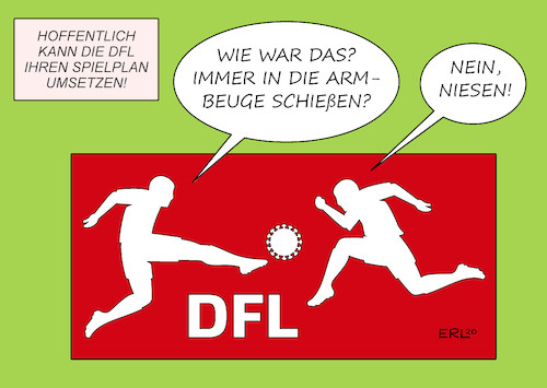 Cartoon: DFL Spielplan (medium) by Erl tagged politik,sport,fußball,bundesliga,dfl,spielplan,saison,2020,2021,corona,virus,pandemie,regeln,hygiene,abstand,armbeuge,niesen,karikatur,erl,politik,sport,fußball,bundesliga,dfl,spielplan,saison,2020,2021,corona,virus,pandemie,regeln,hygiene,abstand,armbeuge,niesen,karikatur,erl