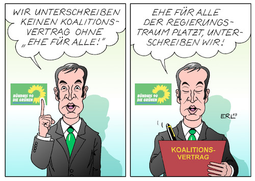 Cartoon: Die Grünen (medium) by Erl tagged bündnis,90,die,grünen,parteitag,programm,wahl,bundestagswahl,inhalte,bedingung,koalition,koalitionsvertrag,ehe,für,alle,kohle,ausstieg,landwirtschaft,bio,umwelt,klima,klimawandel,erneuerbare,energien,energiewende,agrarwende,cem,özdemir,karikatur,erl,bündnis,90,die,grünen,parteitag,programm,wahl,bundestagswahl,inhalte,bedingung,koalition,koalitionsvertrag,ehe,für,alle,kohle,ausstieg,landwirtschaft,bio,umwelt,klima,klimawandel,erneuerbare,energien,energiewende,agrarwende,cem,özdemir,karikatur,erl