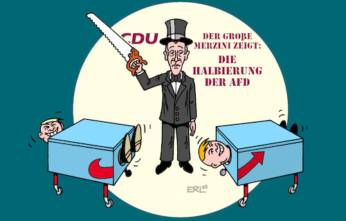 Cartoon: Die Halbierung der Afd (medium) by Erl tagged politik,partei,cdu,parteitag,klein,vorsitzender,friedrich,merz,versprechen,halbierung,afd,konkurrenz,zauberer,zaubertrick,zersägte,jungfrau,verdoppelung,karikatur,erl,politik,partei,cdu,parteitag,klein,vorsitzender,friedrich,merz,versprechen,halbierung,afd,konkurrenz,zauberer,zaubertrick,zersägte,jungfrau,verdoppelung,karikatur,erl