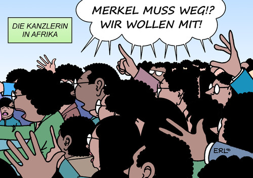 Cartoon: Die Kanzlerin in Afrika (medium) by Erl tagged bundeskanzlerin,angela,merkel,besuch,afrika,mali,niger,äthiopien,deutschland,eu,flüchtlinge,abschottung,abschreckung,fluchtursachen,bekämpfung,armut,krieg,terror,karikatur,erl,bundeskanzlerin,angela,merkel,besuch,afrika,mali,niger,äthiopien,deutschland,eu,flüchtlinge,abschottung,abschreckung,fluchtursachen,bekämpfung,armut,krieg,terror,karikatur,erl