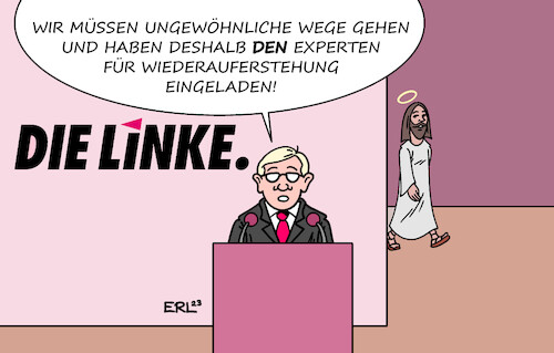 Cartoon: Die Linke (medium) by Erl tagged politik,partei,parteitag,die,linke,austritt,sahra,wagenknecht,gründung,verein,parteineugründung,verlust,fraktion,bundestag,wiederauferstehung,experte,jesus,einladung,neue,wege,karikatur,erl,politik,partei,parteitag,die,linke,austritt,sahra,wagenknecht,gründung,verein,parteineugründung,verlust,fraktion,bundestag,wiederauferstehung,experte,jesus,einladung,neue,wege,karikatur,erl