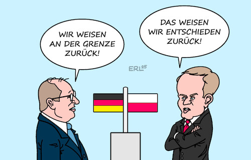 Cartoon: Die zwei Weisen (medium) by Erl tagged politik,asyl,innenminister,dobrindt,zurückweisen,grenze,deutschland,polen,reaktion,tusk,karikatur,erl,politik,asyl,innenminister,dobrindt,zurückweisen,grenze,deutschland,polen,reaktion,tusk,karikatur,erl