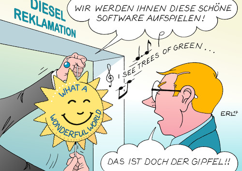 Cartoon: Diesel Software (medium) by Erl tagged autoindustrie,diesel,gipfel,stickoxide,luftverschmutzung,auto,dieselaffäre,dieselgate,software,manipulation,abgase,abgaswerte,abgastest,automobilkonzerne,autobauer,technologie,reklamation,autofahrer,verbraucher,softwareupdate,kosmetik,abspeisen,spieluhr,aufspielen,lied,louis,armstrong,karikatur,erl,autoindustrie,diesel,gipfel,stickoxide,luftverschmutzung,auto,dieselaffäre,dieselgate,software,manipulation,abgase,abgaswerte,abgastest,automobilkonzerne,autobauer,technologie,reklamation,autofahrer,verbraucher,softwareupdate,kosmetik,abspeisen,spieluhr,aufspielen,lied,louis,armstrong,karikatur,erl