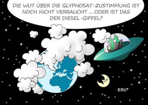 Cartoon: Dieselgipfel (medium) by Erl tagged regierung,bundesregierung,cdu,csu,spd,abstimmung,eu,verlängerung,einsatz,glyphosat,pflanzenschutzmittel,gift,krebserregend,zustimmung,landwirtschaftsminister,schmidt,ärger,rauch,dieselgipfel,stickoxide,feinstaub,atemluft,luftverschmutzung,auto,verkehr,dieselgate,dieselskandal,betrug,abgas,messung,vw,ufo,außerirdische,erde,smog,karikatur,erl,regierung,bundesregierung,cdu,csu,spd,abstimmung,eu,verlängerung,einsatz,glyphosat,pflanzenschutzmittel,gift,krebserregend,zustimmung,landwirtschaftsminister,schmidt,ärger,rauch,dieselgipfel,stickoxide,feinstaub,atemluft,luftverschmutzung,auto,verkehr,dieselgate,dieselskandal,betrug,abgas,messung,vw,ufo,außerirdische,erde,smog,karikatur,erl