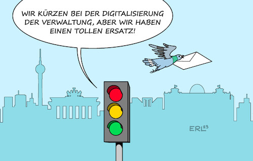 Cartoon: Digitalisierung Ampel (medium) by Erl tagged politik,bundesregierung,ampel,spd,grüne,fdp,innenministerin,nancy,faeser,kürzunf,geld,digitalisierung,verwaltung,dienstleistung,kommunikation,brieftaube,karikatur,erl,politik,bundesregierung,ampel,spd,grüne,fdp,innenministerin,nancy,faeser,kürzunf,geld,digitalisierung,verwaltung,dienstleistung,kommunikation,brieftaube,karikatur,erl