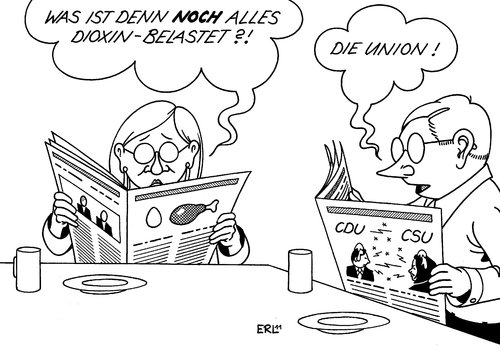 Cartoon: Dioxin (medium) by Erl tagged dioxin,lebensmittel,futtermittel,skandal,blastung,regierung,koalition,streit,cdu,csu,aigner,mcallister,dioxin,lebensmittel,futtermittel,skandal,blastung,regierung,koalition,streit,aigner,mcallister