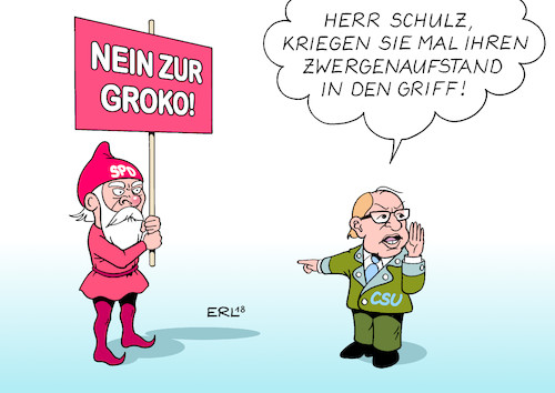 Cartoon: Dobrindt SPD (medium) by Erl tagged politik,bundestagswahl,regierung,regierungsbildung,sondierung,neuauflage,grosse,koalition,schwarz,rot,cdu,csu,spd,eintritt,koalitionsverhandlungen,martin,schulz,basis,jusos,widerstand,landesverband,sachsen,anhalt,nein,abstimmung,kritik,alexander,dobrindt,zwergenaufstand,zwerg,partei,karikatur,erl,politik,bundestagswahl,regierung,regierungsbildung,sondierung,neuauflage,grosse,koalition,schwarz,rot,cdu,csu,spd,eintritt,koalitionsverhandlungen,martin,schulz,basis,jusos,widerstand,landesverband,sachsen,anhalt,nein,abstimmung,kritik,alexander,dobrindt,zwergenaufstand,zwerg,partei,karikatur,erl