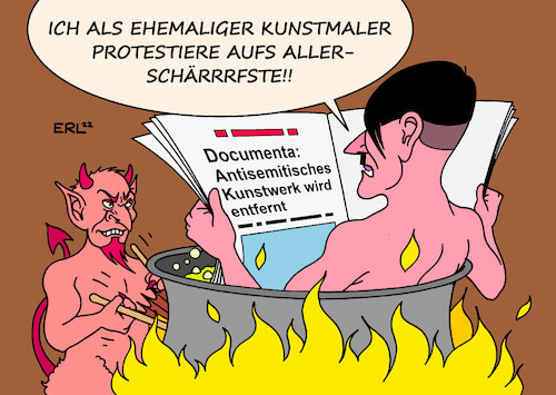 Cartoon: documenta (medium) by Erl tagged politik,kunst,documenta,kassel,kurator,kollektiv,taring,padi,indonesien,malerei,kunstwerk,antisemitismus,entfernung,rechtsextremismus,hölle,hitler,kunstmaler,teufel,karikatur,erl,politik,kunst,documenta,kassel,kurator,kollektiv,taring,padi,indonesien,malerei,kunstwerk,antisemitismus,entfernung,rechtsextremismus,hölle,hitler,kunstmaler,teufel,karikatur,erl