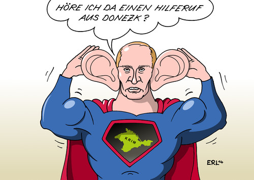 Cartoon: Donezk (medium) by Erl tagged ukraine,krim,russland,annexion,ostukraine,donezk,unruhen,hilferuf,putin,eingreifen,ruhe,ordnung,superman,ukraine,krim,russland,annexion,ostukraine,donezk,unruhen,hilferuf,putin,eingreifen,ruhe,ordnung,superman