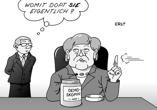 Cartoon: Doping am Arbeitsplatz (medium) by Erl tagged doping,leistung,steigerung,gehirn,hirn,psyche,körper,arbeitsplatz,stress,druck,bundeskanzlerin,angela,merkel,demoskopie,umfragen,trend,finger,wind,spucke,beliebtheit