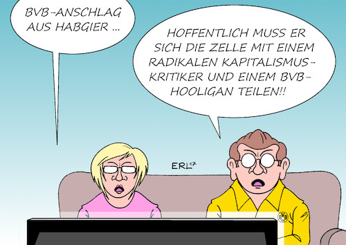 Cartoon: Dortmund (medium) by Erl tagged bvb,borussia,dortmund,fußball,bombenanschlag,mannschaftsbus,verhaftung,täter,börse,spekulant,spekulation,aktien,fall,moral,gier,geldgier,habgier,strafe,gefängnis,zelle,kapitalismus,kritiker,fußballfan,hooligan,karikatur,erl,bvb,borussia,dortmund,fußball,bombenanschlag,mannschaftsbus,verhaftung,täter,börse,spekulant,spekulation,aktien,fall,moral,gier,geldgier,habgier,strafe,gefängnis,zelle,kapitalismus,kritiker,fußballfan,hooligan,karikatur,erl