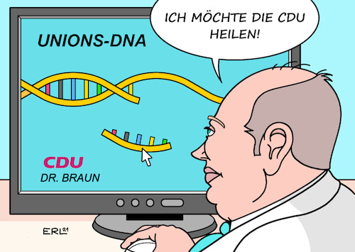 Cartoon: Dr. Braun (medium) by Erl tagged politik,partei,cdu,suche,vorsitz,bewerbung,helge,braun,kanzleramtsminister,arzt,union,dna,heilen,gentherapie,karikatur,erl,politik,partei,cdu,suche,vorsitz,bewerbung,helge,braun,kanzleramtsminister,arzt,union,dna,heilen,gentherapie,karikatur,erl