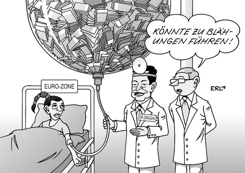 Cartoon: Dr. Draghi (medium) by Erl tagged ezb,ankauf,anleihen,staatsanleihen,kredit,banken,versicherungen,geld,flut,geldflut,inflation,deflation,euro,eurozone,mario,draghi,doktor,arzt,infusion,blähungen,blase,nebenwirkung