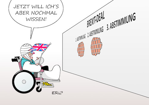 Cartoon: Dritte Abstimmung (medium) by Erl tagged politik,brexit,großbritannien,gb,uk,austritt,eu,europäische,union,premierministerin,theresa,may,vertrag,erste,zweite,dritte,abstimmung,parlament,niederlage,ungewissheit,no,deal,chaos,zweites,referendum,nachverhandlung,brüssel,termin,29,märz,verschiebung,12,april,22,mai,unterhaus,abstimmungen,alternativen,karikatur,erl,politik,brexit,großbritannien,gb,uk,austritt,eu,europäische,union,premierministerin,theresa,may,vertrag,erste,zweite,dritte,abstimmung,parlament,niederlage,ungewissheit,no,deal,chaos,zweites,referendum,nachverhandlung,brüssel,termin,29,märz,verschiebung,12,april,22,mai,unterhaus,abstimmungen,alternativen,karikatur,erl