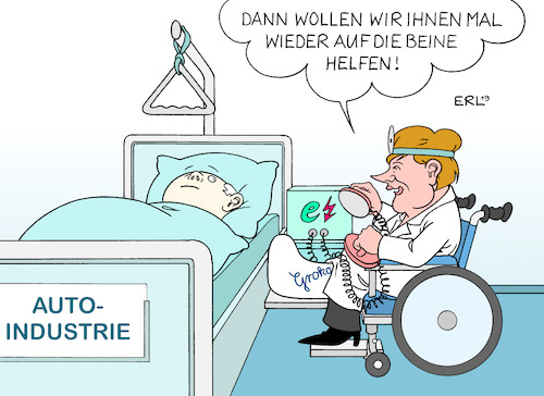 Cartoon: E-Mobilität (medium) by Erl tagged politik,industrie,auto,autoindustrie,deutschland,zukunft,verschlafen,autogipfel,kanzleramt,bundeskanzlerin,angela,merkel,probleme,groko,führung,lame,duck,arzt,ärztin,rollstuhl,gipsbein,defibrillator,elektroschock,elektroauto,mobilität,karikatur,erl,politik,industrie,auto,autoindustrie,deutschland,zukunft,verschlafen,autogipfel,kanzleramt,bundeskanzlerin,angela,merkel,probleme,groko,führung,lame,duck,arzt,ärztin,rollstuhl,gipsbein,defibrillator,elektroschock,elektroauto,mobilität,karikatur,erl