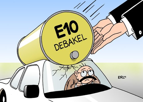 Cartoon: E10 (medium) by Erl tagged ablehnung,autofahrer,auto,mineralölkonzern,politik,umweltschutz,umwelt,rohstoffe,kosten,nachwachsende,pflanzenöl,zusatz,karftstoff,benzin,sprit,biosprit,e10,e10,biosprit,sprit,benzin,karftstoff,zusatz,pflanzenöl,nachwachsende,rohstoffe,umwelt,umweltschutz,politik,mineralölkonzern,auto,autofahrer,ablehnung,kosten