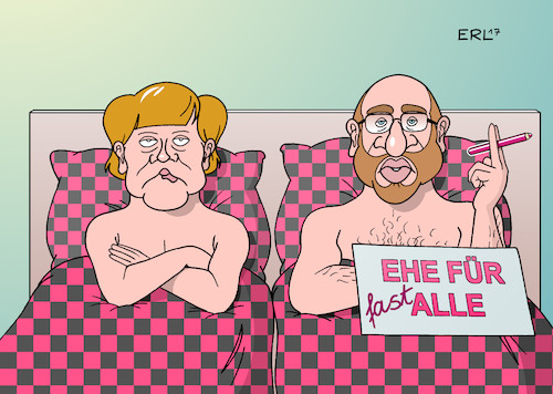 Cartoon: Ehe (medium) by Erl tagged regierung,große,koalition,groko,schwarz,rot,cdu,csu,spd,koalitionsausschuss,gesetze,einigung,ablehnung,ehe,für,alle,bundeskanzlerin,angela,merkel,kanzlerkandidat,martin,schulz,ehebett,karikatur,erl,regierung,große,koalition,groko,schwarz,rot,cdu,csu,spd,koalitionsausschuss,gesetze,einigung,ablehnung,ehe,für,alle,bundeskanzlerin,angela,merkel,kanzlerkandidat,martin,schulz,ehebett,karikatur,erl