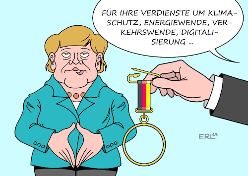 Cartoon: Ehrung für Merkel (medium) by Erl tagged politik,ehrung,altkanzlerin,angela,merkel,bundesverdienstkreuz,verdienst,klima,klimaschutz,energie,energiewende,verkehr,verkehrswende,digtalisierung,verschlafen,karikatur,erl,politik,ehrung,altkanzlerin,angela,merkel,bundesverdienstkreuz,verdienst,klima,klimaschutz,energie,energiewende,verkehr,verkehrswende,digtalisierung,verschlafen,karikatur,erl