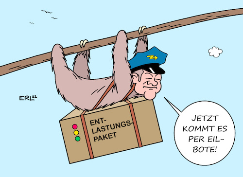 Cartoon: Eilbote (medium) by Erl tagged politik,finanzen,krieg,russland,ukraine,gas,knappheit,verteuerung,bundesrgegierung,ampel,spd,grüne,fdp,entlastungspaket,bundeskanzler,olaf,scholz,zögerlich,entscheidungsschwach,langsam,postbote,faultier,eilbote,karikatur,erl,politik,finanzen,krieg,russland,ukraine,gas,knappheit,verteuerung,bundesrgegierung,ampel,spd,grüne,fdp,entlastungspaket,bundeskanzler,olaf,scholz,zögerlich,entscheidungsschwach,langsam,postbote,faultier,eilbote,karikatur,erl