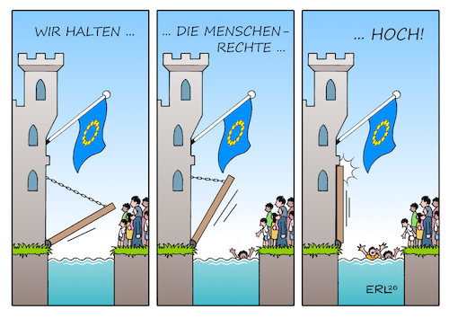 Cartoon: Ein Hoch auf die Menschenrechte (medium) by Erl tagged politik,eu,asylrecht,werte,menschenrechte,humanität,versagen,grenze,griechenland,türkei,flüchtlinge,rechtspopulismus,festung,europa,karikatur,erl,politik,eu,asylrecht,werte,menschenrechte,humanität,versagen,grenze,griechenland,türkei,flüchtlinge,rechtspopulismus,festung,europa,karikatur,erl