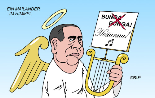 Cartoon: Ein Mailänder im Himmel (medium) by Erl tagged politik,politiker,italien,silvio,berlusconi,tod,leben,reichtum,macht,party,junge,frauen,bunga,rechtspopulismus,himmel,harfe,lyra,hosianna,karikatur,erl,politik,politiker,italien,silvio,berlusconi,tod,leben,reichtum,macht,party,junge,frauen,bunga,rechtspopulismus,himmel,harfe,lyra,hosianna,karikatur,erl