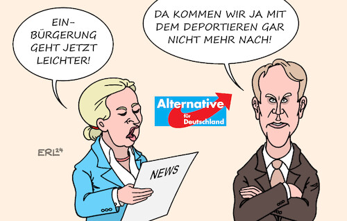 Cartoon: Einbürgerung (medium) by Erl tagged politik,partei,afd,rechtsextremismus,rechtsextrem,pläne,remigration,vertreibung,deportation,alice,weidel,björn,höcke,bundesregierung,ampel,erleichterung,einbürgerung,menschen,migration,karikatur,erl,politik,partei,afd,rechtsextremismus,rechtsextrem,pläne,remigration,vertreibung,deportation,alice,weidel,björn,höcke,bundesregierung,ampel,erleichterung,einbürgerung,menschen,migration,karikatur,erl