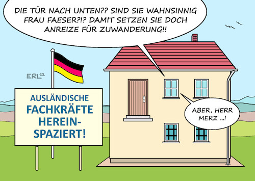 Cartoon: Einbürgerung Merz (medium) by Erl tagged politik,innenministerin,nancy,faeser,entwurf,erleichterung,einbürgerung,kritik,opposition,union,friedrich,merz,fachkräftemangel,lösung,zuwanderung,tür,kontrolle,erdgeschoss,parterre,haus,karikatur,erl,politik,innenministerin,nancy,faeser,entwurf,erleichterung,einbürgerung,kritik,opposition,union,friedrich,merz,fachkräftemangel,lösung,zuwanderung,tür,kontrolle,erdgeschoss,parterre,haus,karikatur,erl