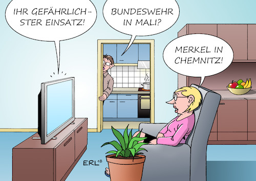 Cartoon: Einsatz (medium) by Erl tagged politik,bundeskanzlerin,angela,merkel,besuch,chemnitz,mord,tatverdächtig,asylbewerber,demonstrationen,rechts,schulterschluss,afd,rechtsextreme,hatzjagden,ausländer,gegendemonstrationen,links,merkelkritisch,stimmung,hass,einsatz,gefahr,bundeswehr,mali,fernsehen,nachrichten,mann,frau,karikatur,erl,politik,bundeskanzlerin,angela,merkel,besuch,chemnitz,mord,tatverdächtig,asylbewerber,demonstrationen,rechts,schulterschluss,afd,rechtsextreme,hatzjagden,ausländer,gegendemonstrationen,links,merkelkritisch,stimmung,hass,einsatz,gefahr,bundeswehr,mali,fernsehen,nachrichten,mann,frau,karikatur,erl