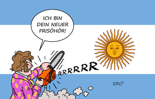 Cartoon: Einschnitte in Argentinien (medium) by Erl tagged politik,argentinien,wahl,präsident,sieger,javier,milei,ultrarechts,wirtschaftsliberal,klimaleugner,rechtspopulist,abschaffung,staat,kürzung,sozialleistungen,motorsäge,kettensäge,friseur,flagge,sonne,karikatur,erl,politik,argentinien,wahl,präsident,sieger,javier,milei,ultrarechts,wirtschaftsliberal,klimaleugner,rechtspopulist,abschaffung,staat,kürzung,sozialleistungen,motorsäge,kettensäge,friseur,flagge,sonne,karikatur,erl