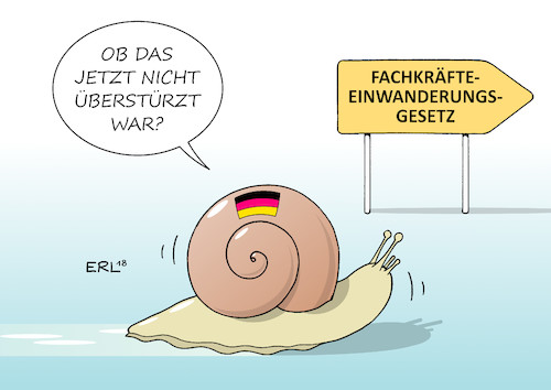 Cartoon: Einwanderungsgesetz (medium) by Erl tagged politik,deutschland,einwanderungsgesetz,fachkräfteeinwanderungsgesetz,kabinett,bundesregierung,dauer,jahrzehnte,schneckentempo,bedenken,fremdenangst,migration,karikatur,erl,politik,deutschland,einwanderungsgesetz,fachkräfteeinwanderungsgesetz,kabinett,bundesregierung,dauer,jahrzehnte,schneckentempo,bedenken,fremdenangst,migration,karikatur,erl