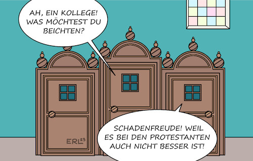 Cartoon: EKD Rücktritt (medium) by Erl tagged politik,religion,glaube,evangelische,kirche,deutschland,ekd,rücktritt,ratsvorsitzende,annette,kurschus,vorwur,vertuschung,missbrauch,bekannter,skandal,beobachtung,katholizismus,katholiken,priester,beichten,schadenfreude,sünde,beichtstuhl,karikatur,erl,politik,religion,glaube,evangelische,kirche,deutschland,ekd,rücktritt,ratsvorsitzende,annette,kurschus,vorwur,vertuschung,missbrauch,bekannter,skandal,beobachtung,katholizismus,katholiken,priester,beichten,schadenfreude,sünde,beichtstuhl,karikatur,erl