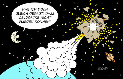 Cartoon: Elon Musk (medium) by Erl tagged politik,elon,musk,unternehmer,milliardär,raumfahrt,spacex,starship,rakete,start,explosion,geld,geldsack,fliegen,weltall,all,mond,sterne,saturn,karikatur,erl,politik,elon,musk,unternehmer,milliardär,raumfahrt,spacex,starship,rakete,start,explosion,geld,geldsack,fliegen,weltall,all,mond,sterne,saturn,karikatur,erl