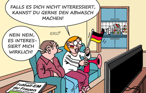 Cartoon: EM (medium) by Erl tagged politik,sport,fußball,em,frauen,interesse,männer,haushalt,abwasch,karikatur,erl,politik,sport,fußball,em,frauen,interesse,männer,haushalt,abwasch,karikatur,erl