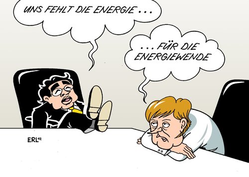 Cartoon: Energiewende (medium) by Erl tagged lähmung,elan,schwung,fehlen,stockend,energie,energien,erneuerbare,altenative,netzausbau,rösler,philipp,wirtschaftsminister,vizekanzler,merkel,angela,bundeskanzlerin,fdp,csu,cdu,koalition,regierung,gelb,schwarz,energiewende,strom,energiewende,schwarz,gelb,regierung,koalition,cdu,fdp,bundeskanzlerin,merkel