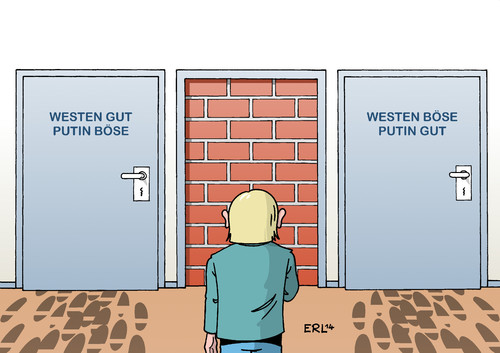 Cartoon: Entscheidung (medium) by Erl tagged uklraine,konflikt,usa,eu,westen,russland,putin,putinversteher,gut,böse,entscheidung,tür,fußstapfen,fußspuren,mauer,uklraine,konflikt,usa,eu,westen,russland,putin,putinversteher,gut,böse,entscheidung,tür,fußstapfen,fußspuren,mauer