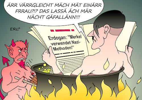 Cartoon: Erdogan Merkel (medium) by Erl tagged türkei,präsident,erdogan,referendum,präsidialsystem,gefahr,demokratie,pressefreiheit,meinungsfreiheit,wahlkampf,deutschland,erlaubnis,verbot,vorwurf,nazimethoden,vergleich,nazis,nationalsozialismus,adolf,hitler,diktator,diktatur,hölle,teufel,karikatur,erl,türkei,präsident,erdogan,referendum,präsidialsystem,gefahr,demokratie,pressefreiheit,meinungsfreiheit,wahlkampf,deutschland,erlaubnis,verbot,vorwurf,nazimethoden,vergleich,nazis,nationalsozialismus,adolf,hitler,diktator,diktatur,hölle,teufel,karikatur,erl