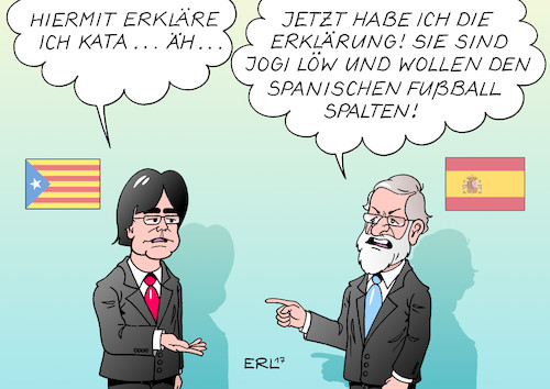 Cartoon: Erklärung (medium) by Erl tagged katalonien,carles,puigdemont,erklärung,unabhängigkeit,spanien,aufschub,zögern,risiko,spaltung,bevölkerung,abwanderung,wirtschaft,ausschluss,eu,übernahme,regierung,zentralregierung,madrid,mariano,rajoy,ähnlichkeit,fußball,bundestrainer,jogi,löw,deutschland,karikatur,erl,katalonien,carles,puigdemont,erklärung,unabhängigkeit,spanien,aufschub,zögern,risiko,spaltung,bevölkerung,abwanderung,wirtschaft,ausschluss,eu,übernahme,regierung,zentralregierung,madrid,mariano,rajoy,ähnlichkeit,fußball,bundestrainer,jogi,löw,deutschland,karikatur,erl