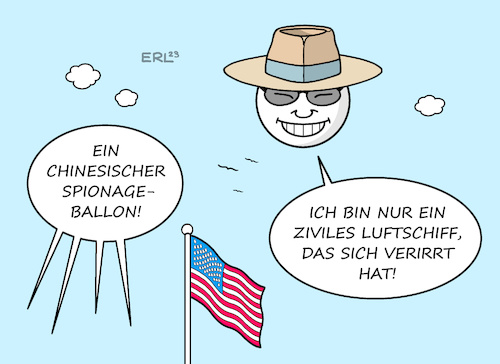 Cartoon: Erklärung Spionageballon (medium) by Erl tagged politik,geheimdienst,spionage,ballon,spionageballon,china,usa,ausspähen,atomanlagen,erklärung,luftschiff,zivil,verirrt,flagge,karikatur,erl,politik,geheimdienst,spionage,ballon,spionageballon,china,usa,ausspähen,atomanlagen,erklärung,luftschiff,zivil,verirrt,flagge,karikatur,erl