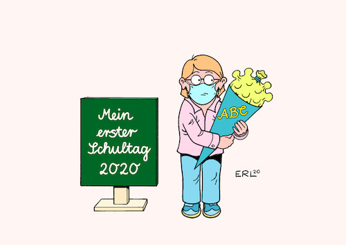 Cartoon: Erster Schultag (medium) by Erl tagged politik,corona,virus,pandemie,schule,lockdown,öffnung,hygiene,konzept,abstand,desinfektion,diskussion,maske,erster,schultag,schultüte,inhalt,schülerin,schüler,karikatur,erl,politik,corona,virus,pandemie,schule,lockdown,öffnung,hygiene,konzept,abstand,desinfektion,diskussion,maske,erster,schultag,schultüte,inhalt,schülerin,schüler,karikatur,erl