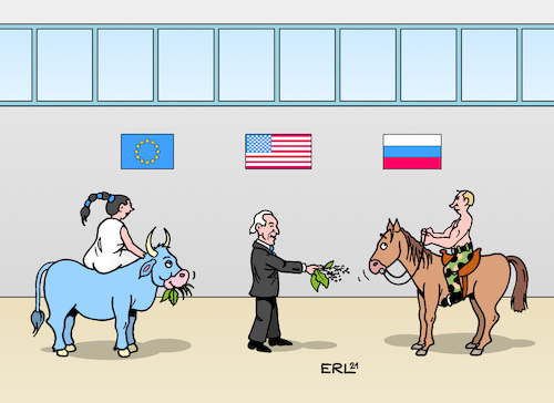 Cartoon: Erstes Beschnuppern (medium) by Erl tagged politik,treffen,eu,usa,präsident,joe,biden,russland,wladimir,putin,beschnuppern,europa,stier,pferd,gras,hafer,menschen,tiere,karikatur,erl,politik,treffen,eu,usa,präsident,joe,biden,russland,wladimir,putin,beschnuppern,europa,stier,pferd,gras,hafer,menschen,tiere,karikatur,erl