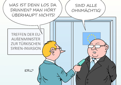 Cartoon: EU-Außenpolitik (medium) by Erl tagged politik,syrien,krieg,türkei,erdogan,schutzzone,flüchtlinge,militär,offensive,invasion,nordsyrien,kurden,gebiet,treffen,eu,außenminister,außenpolitik,ohnmächtig,ohnmacht,karikatur,erl,politik,syrien,krieg,türkei,erdogan,schutzzone,flüchtlinge,militär,offensive,invasion,nordsyrien,kurden,gebiet,treffen,eu,außenminister,außenpolitik,ohnmächtig,ohnmacht,karikatur,erl