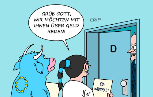 Cartoon: EU-Haushalt (medium) by Erl tagged politik,eu,haushalt,erhöhung,beitrag,deutschland,merz,haustür,zeugen,jehovas,europa,stier,karikatur,erl,politik,eu,haushalt,erhöhung,beitrag,deutschland,merz,haustür,zeugen,jehovas,europa,stier,karikatur,erl